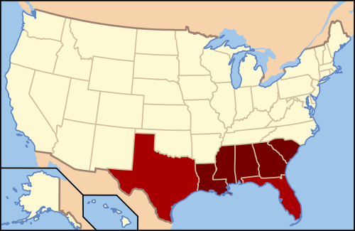 The states in dark red compose the Deep South today. Adjoining areas of East Texas, North Florida, Florida Panhandle and north-central Florida are also considered part of this subregion. Historically, these seven states formed the original Confederate States of America.